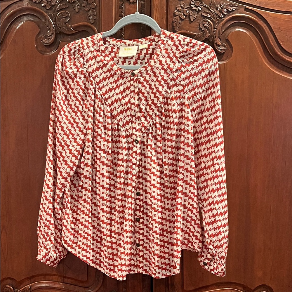 Anthropologie Red and White Patterned Blouse